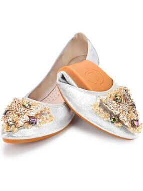 🆕 Women's Foldable Ballet Flats Silver Gold Butterfly Rhinestone Shoes